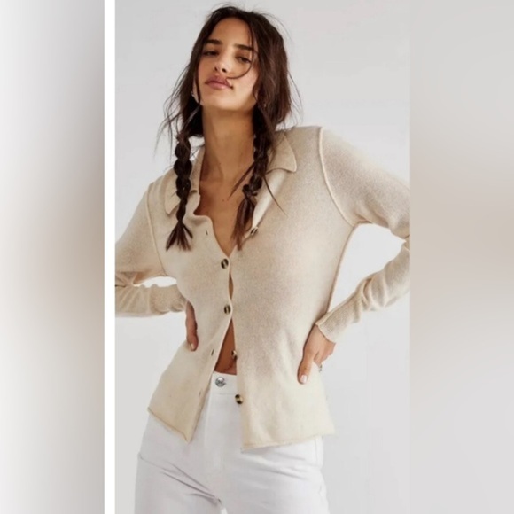 Free People paloma‎ cream 100% cashmere button front grandpa slouchy cardigan XS - Picture 3 of 14